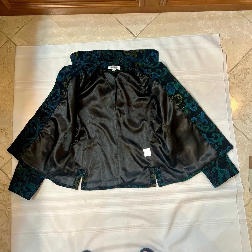 Harvé Benard Black Teal‎ Velvet Damask Open Front Jacket Blazer Sz 12